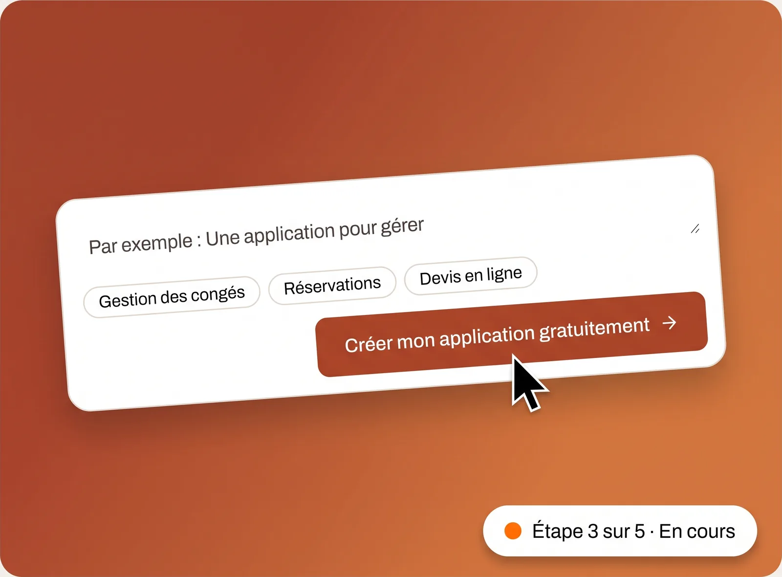 La zone de demande de Fabrikio : des exemples à cliquer, et le bouton « Créer mon application gratuitement ».